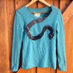 100% Cashmere Virgin Lambswool Sweater Snake Visible Stitching Teal Blue Plaid M